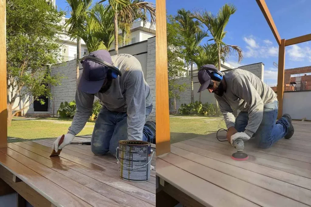 CARPINTEIRO LIXANDO E ENVERNIZANDO MADEIRA